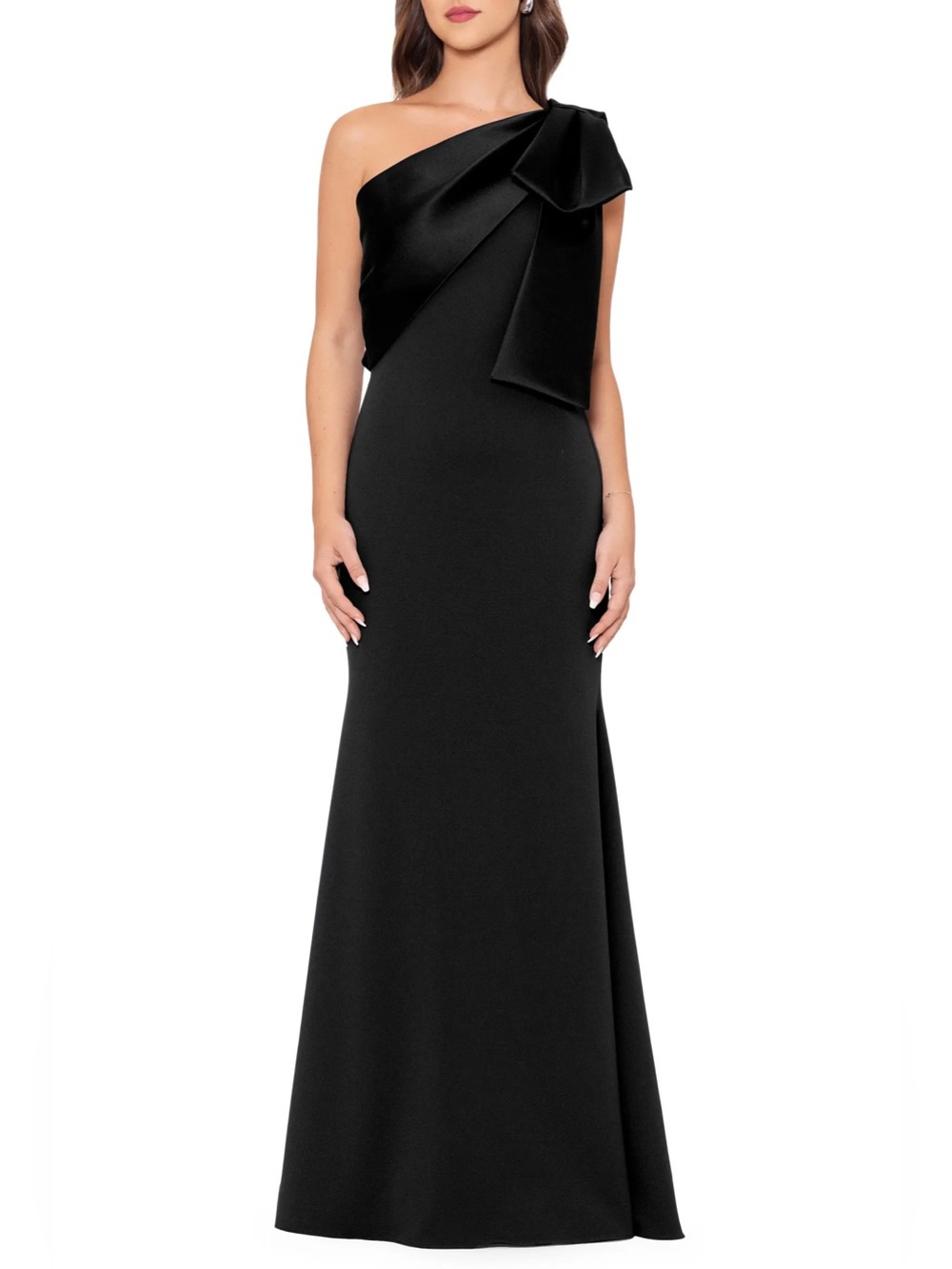 NWOT- Betsy & Adam Satin Bow Crepe Mermaid Gown, Black, size 8